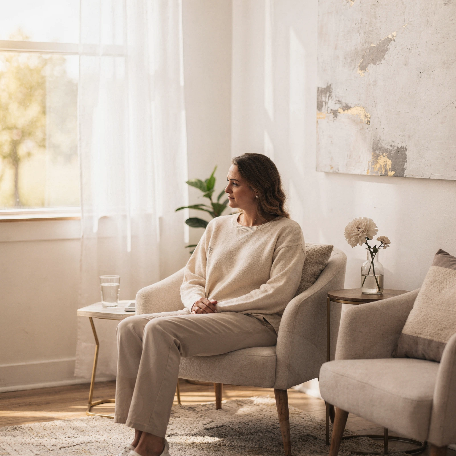 Woman in a beige sweater seated in a therapy office chair with a small table holding a flower vase, looking toward a window